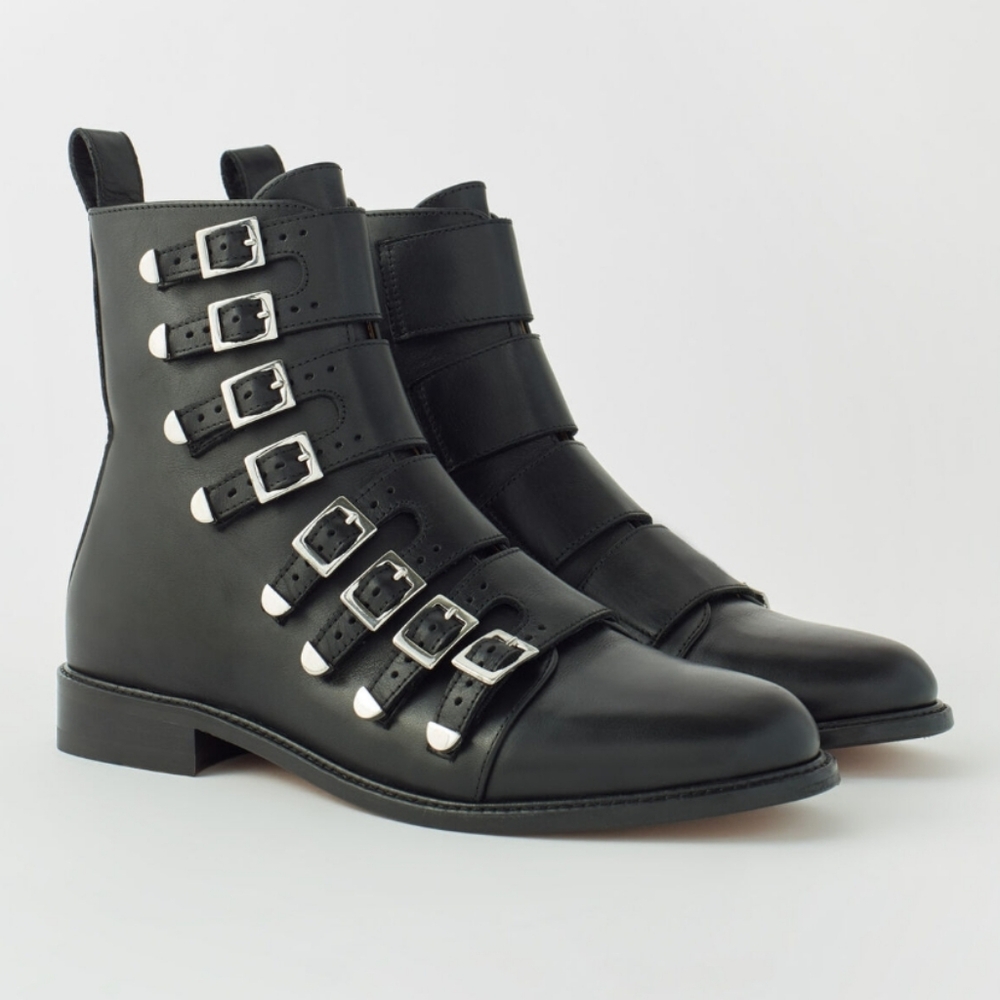 Maje Ankle Boots With Multiple Buckle-Detailed Straps Black Leather Boots Sz 8.5